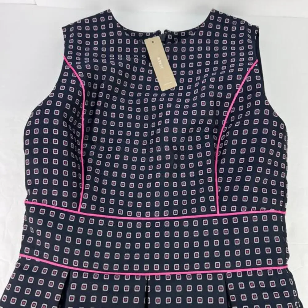 NWT J. Crew Navy Pink Pleated Full-skirt Jacquard Dress 00 Classy Career‎ Retro